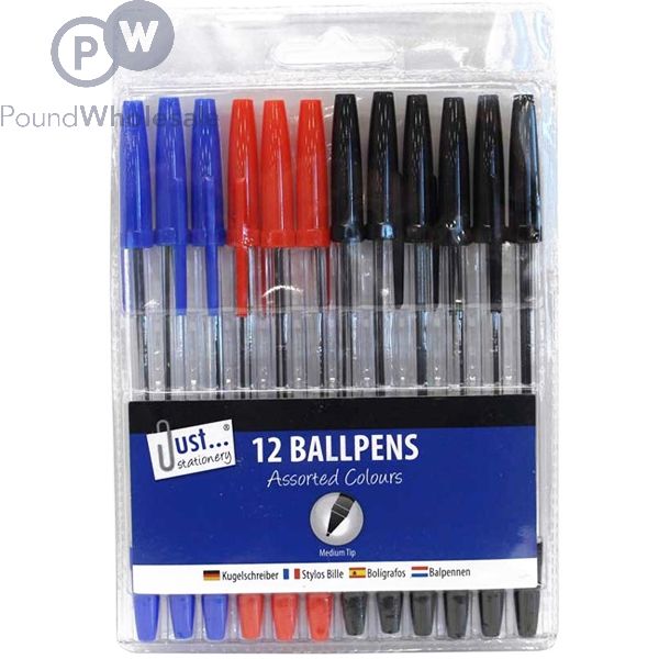 12 Multicoloured Ballpoint Pens Easy Write Writing Bright Colours Colouring Biro | UK