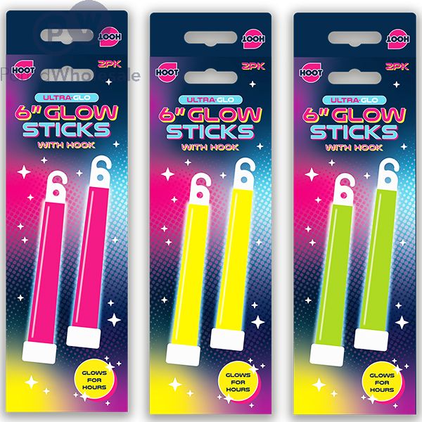 Wholesale Hoot Ultra-glo Hanging Glow Sticks 6 2 Pack Assorted Colours