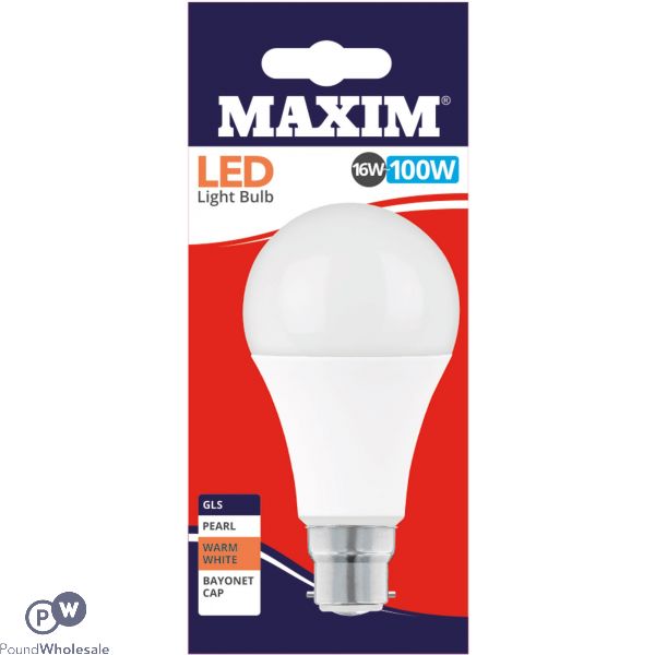 MAXIM LED LIGHT BULB 16w=100W GLS PEARL WARM WHITE BAYONET CAP