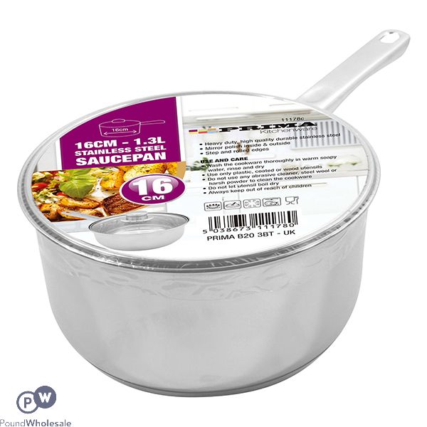 PRIMA STAINLESS STEEL 16CM SAUCEPAN WITH GLASS LID 1.3L