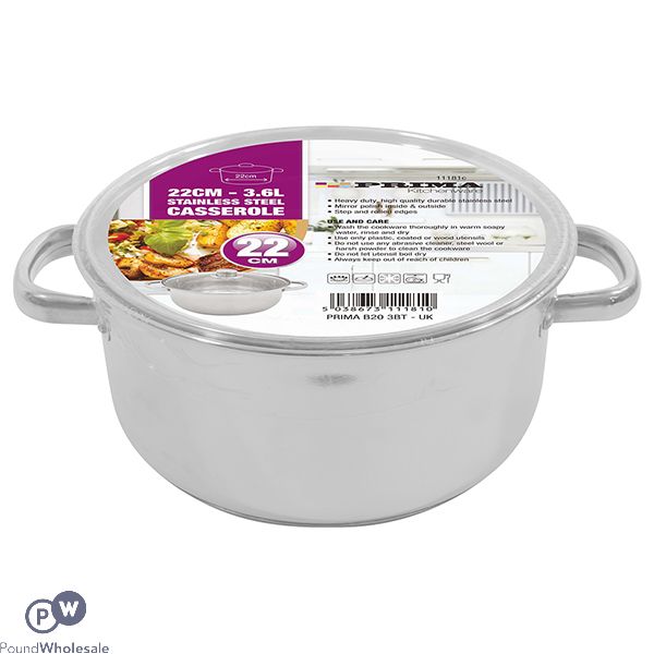 Prima Stainless Steel 22cm Casserole Dish 3.6l