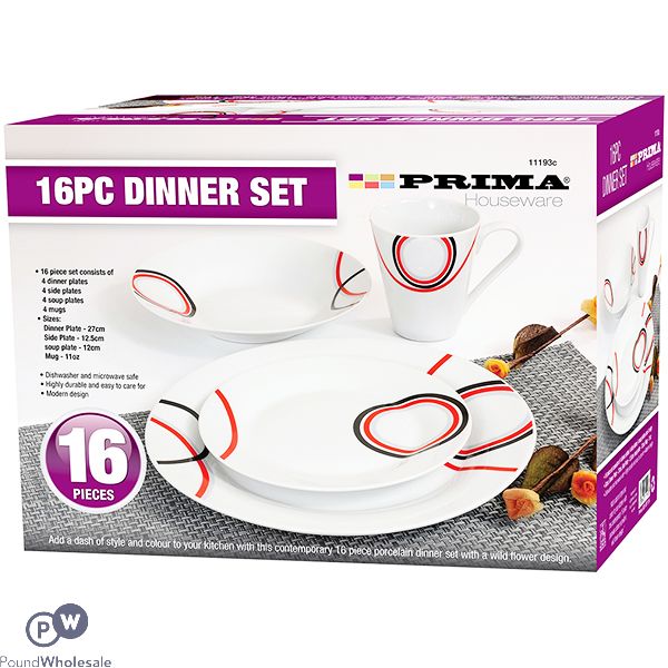 Prima Red & Black Wild Flower Dinner Set 16pc