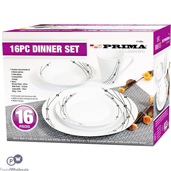 Prima Black Floral Dinner Set 16pc