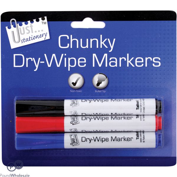 JUST STATIONERY CHUNKY DRY-WIPE BOARD MARKERS ASSORTED COLOURS 3 PACK