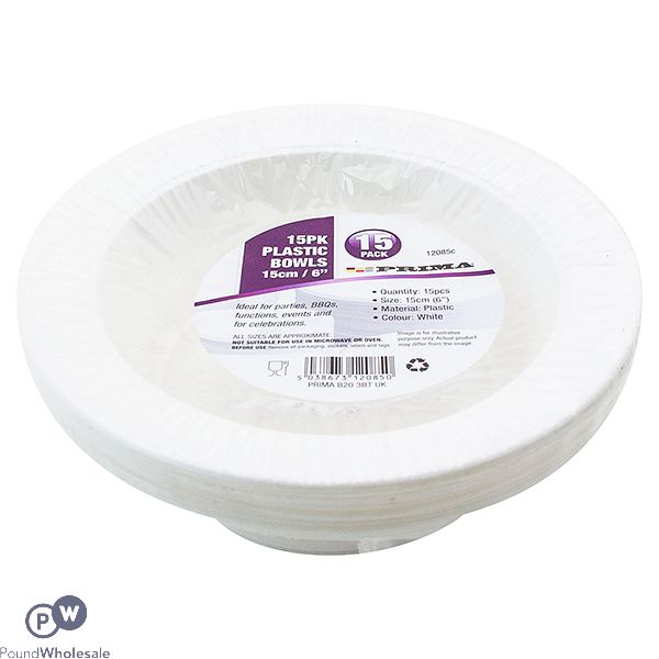 PRIMA WHITE DISPOSABLE PLASTIC BOWLS 15CM 15 PACK