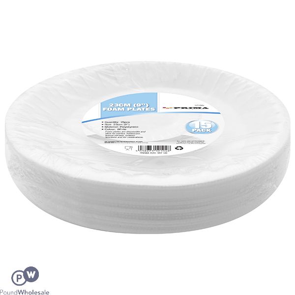 Prima Foam White Disposable Plates 23cm 15 Pack