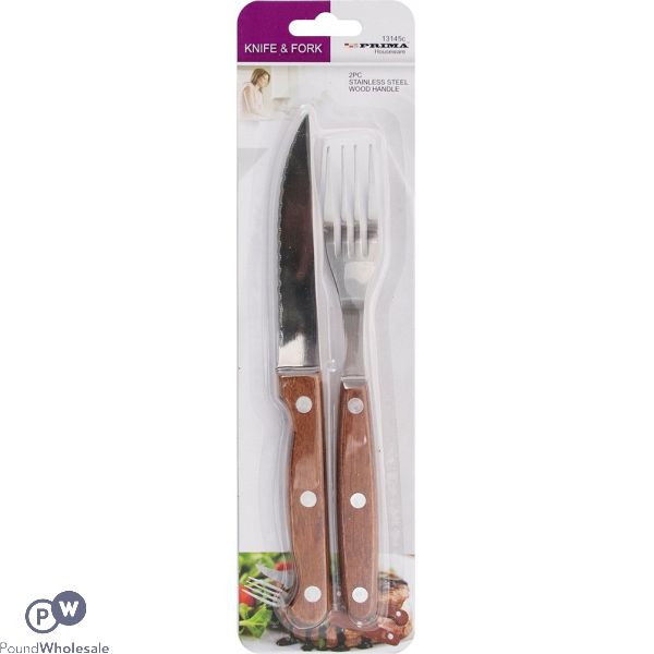 PRIMA 2PC STEAK KNIFE & FORK WITH WOODEN HANDLE