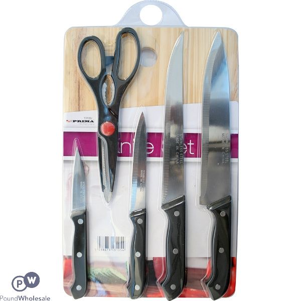 PRIMA 5PC KNIFE SET WITH WOODEN CHOPPING BOARD