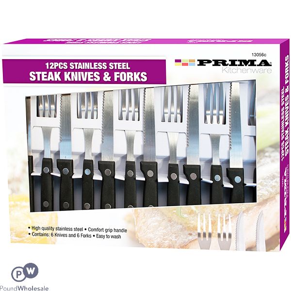 PRIMA STAINLESS STEEL STEAK KNIVES & FORKS 12PC