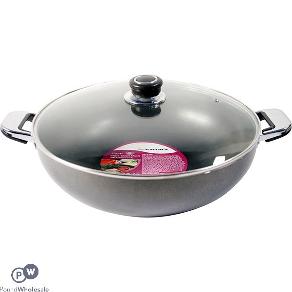 PRIMA NON-STICK DOUBLE HANDLE WOK WITH GLASS LID 32CM