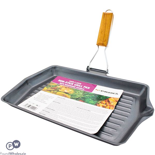 PRIMA ROSEWOOD HANDLE NON-STICK GRILL PAN 34CM X 22CM