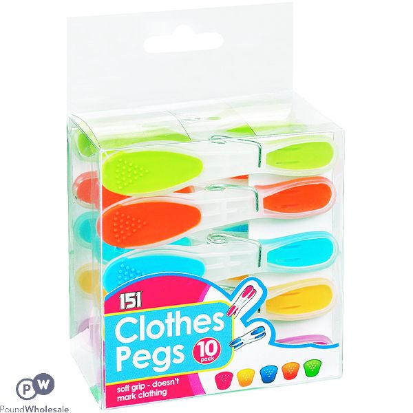151 ASSORTED COLOUR SOFT-GRIP CLOTHES PEGS 10 PACK