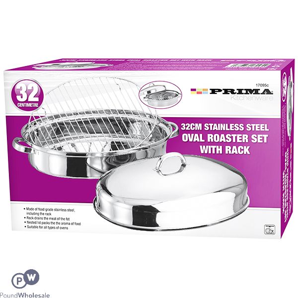 PRIMA STAINLESS STEEL OVAL ROASTER SET WITH RACK 32CM