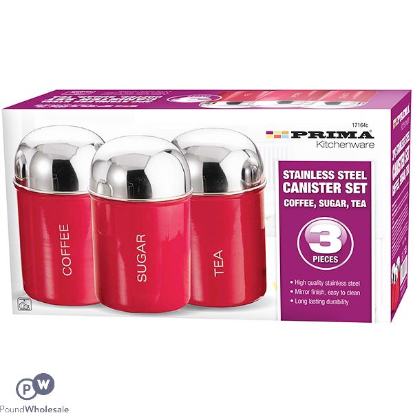 PRIMA STAINLESS STEEL RED COFFEE, SUGAR & TEA DOME CANISTER SET 3PC