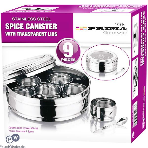 Prima Stainless Steel Transparent Lid Spice Canister Set 9pc