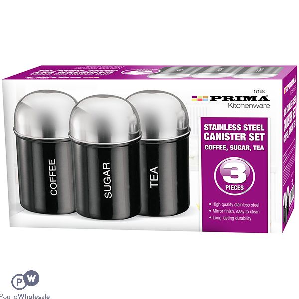 PRIMA STAINLESS STEEL BLACK COFFEE, SUGAR & TEA DOME CANISTER SET 3PC