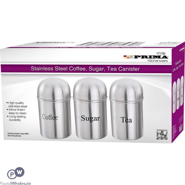 PRIMA STAINLESS STEEL TEA, COFFEE & SUGAR 3PC CANISTER SET