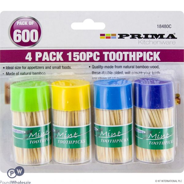 PRIMA DOUBLE SIDED BAMBOO TOOTHPICK CANISTERS ASSORTED 150PC 4 PACK