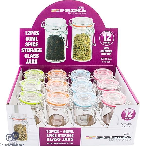 PRIMA 60ML SPICE STORAGE GLASS JARS ASSORTED 12PC CDU