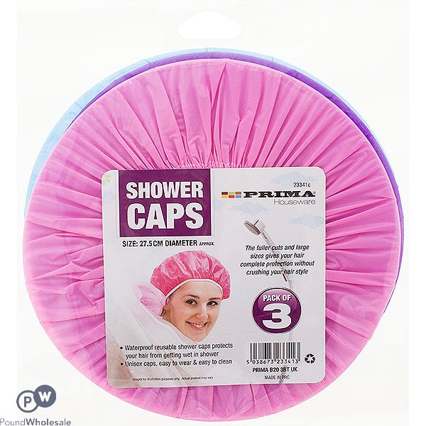 PRIMA SHOWER CAPS ASSORTED COLOURS 27.5CM 3 PACK