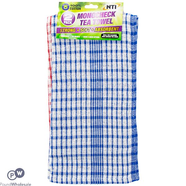 100% Cotton Monocheck Assorted Colour Tea Towel 2 Pack