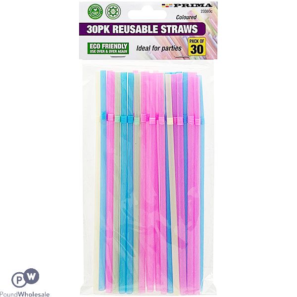 PRIMA ASSORTED COLOUR NEON REUSABLE FLEXIBLE STRAWS 30 PACK