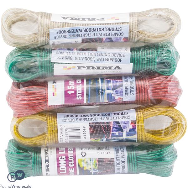 PRIMA STEEL CORE CLOTHESLINE 15M ASSORTED COLOURS