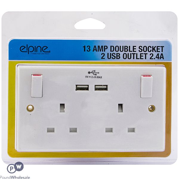 ELPINE 13AMP DOUBLE SOCKET 2 USB OUTLET 2.4A