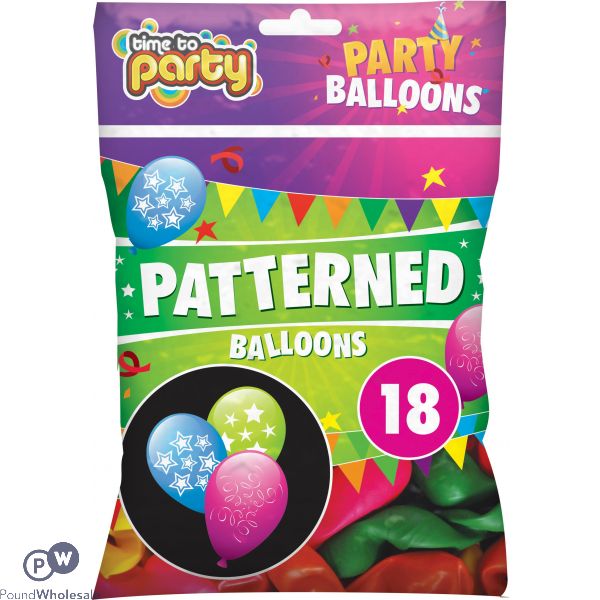 TIME TO PARTY PATTERNED BALLOONS 18PK