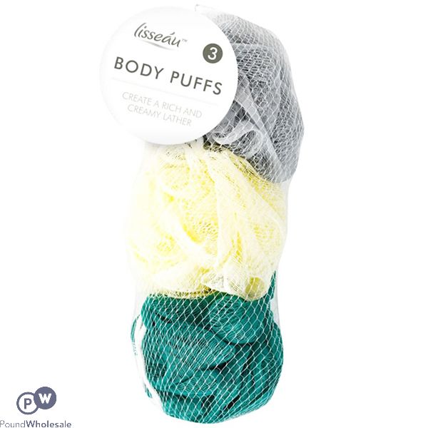 LISSEAU ASSORTED COLOUR BODY PUFFS 3 PACK