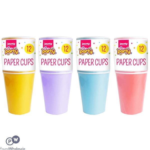 TIME TO PARTY COLOURFUL PAPER CUPS 12 PACK ASSORTED COLOURS