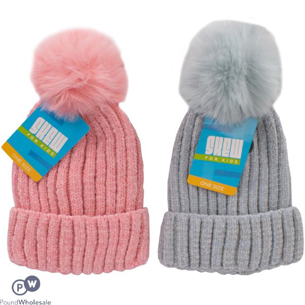 Girls Chenille Faux Fur Pom Pom Winter Hat Assorted Colours