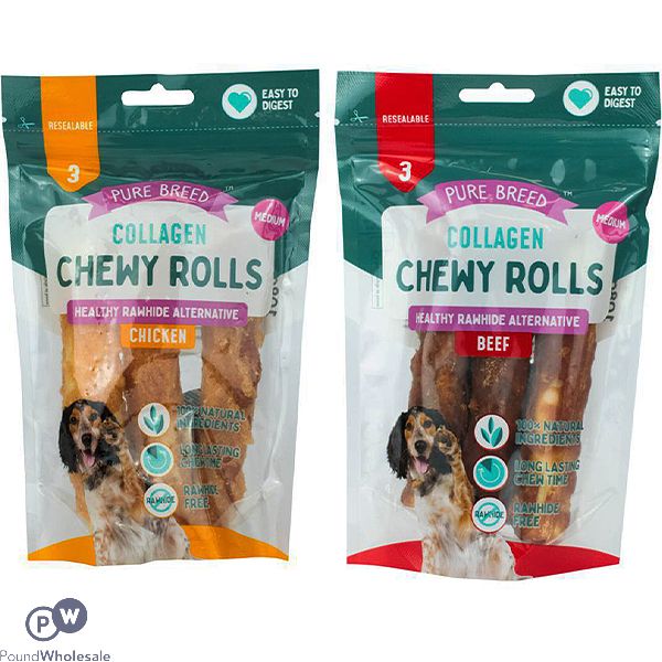 Pure Breed Collagen Chewy Rolls Dog Treats 3 Pack Assorted