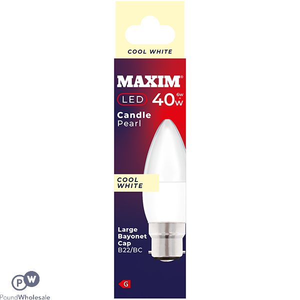 Maxim 6w=40w Candle Pearl Cool White B22 Bc Led Light Bulb