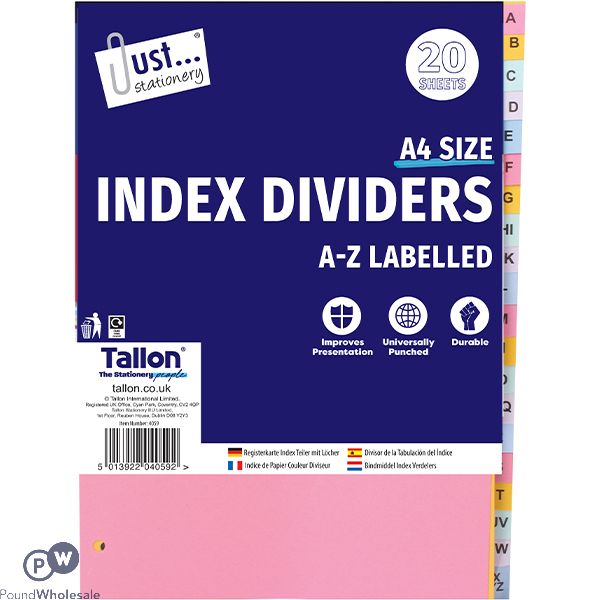 Just Stationery A4 Assorted Colour A-z Index Dividers 20 Pack