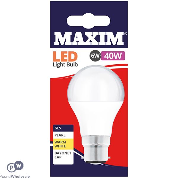 MAXIM LED LIGHT BULB 6W=40W GLS PEARL WARM WHITE BAYONET CAP