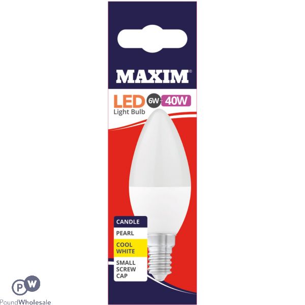Maxim Led Light Bulb 6w=40w Candle Pearl Cool White Ses