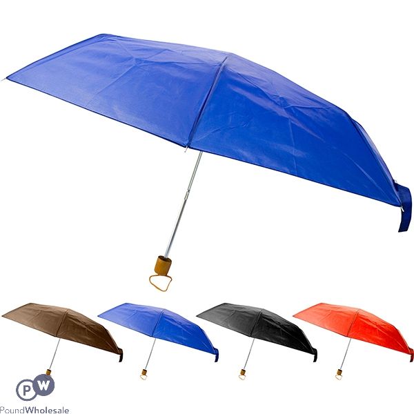 4 FOLD SUPER MINI UMBRELLA WOODEN HANDLE ASSORTED COLOURS