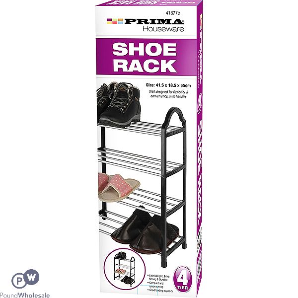 Prima 4 Tier Black Shoe Rack 41.5 X 18.5 X 55cm