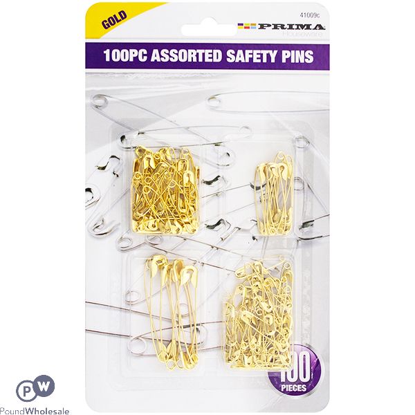 PRIMA ASSORTED GOLD SAFETY PINS 100PC