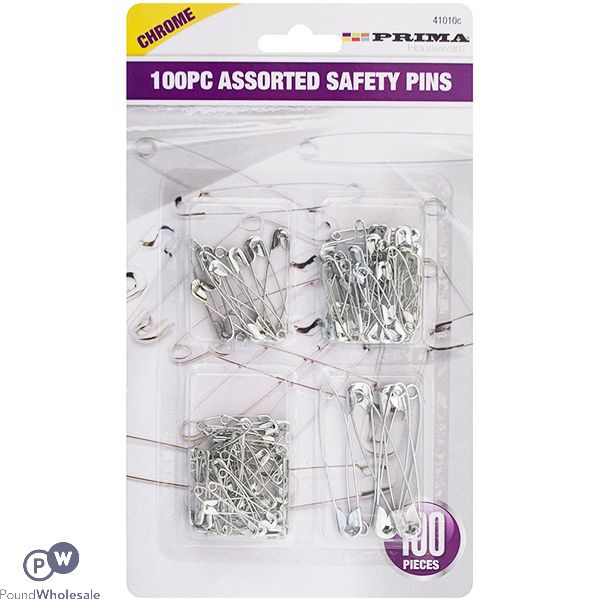 PRIMA ASSORTED CHROME SAFETY PINS 100PC