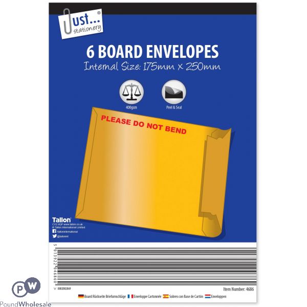 JUST STATIONERY BOARD ENVELOPES 6 PACK 175 X 250MM