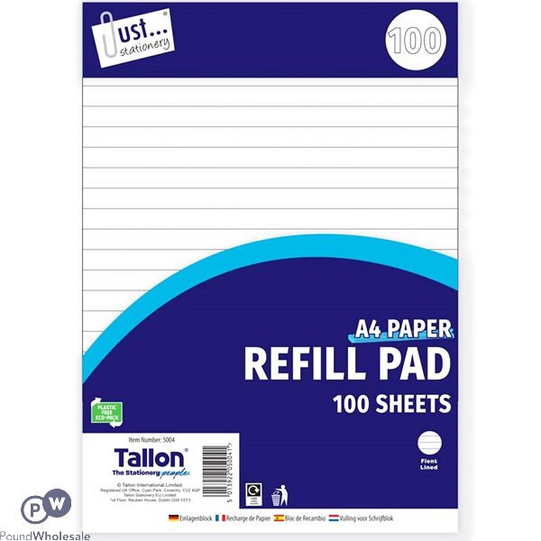 Just Stationery A4 Refill Pad 100 Sheets 