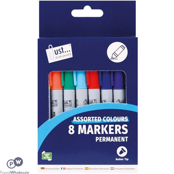 Just Stationery Assorted Colour Bullet Tip Permanent Markers 8 Pack