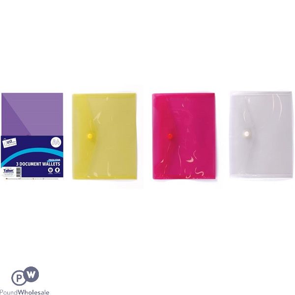 Just Stationery A4 Document Stud Wallets 3 Pack Assorted Colours