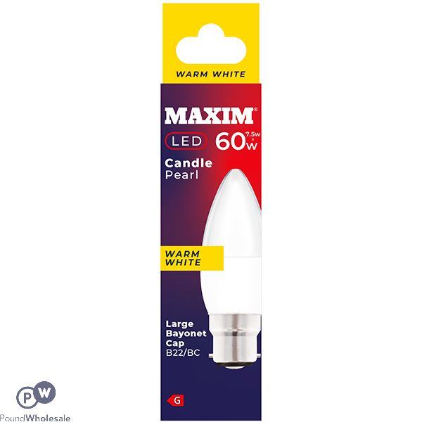 Maxim 7.5w=60w Candle Pearl Warm White B22 Bc Led Light Bulb