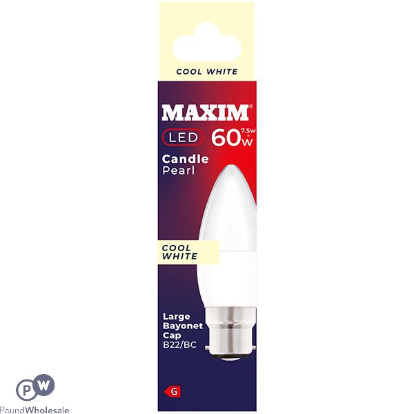 Maxim 7.5w=60w Candle Pearl Cool White B22 Bc Led Light Bulb