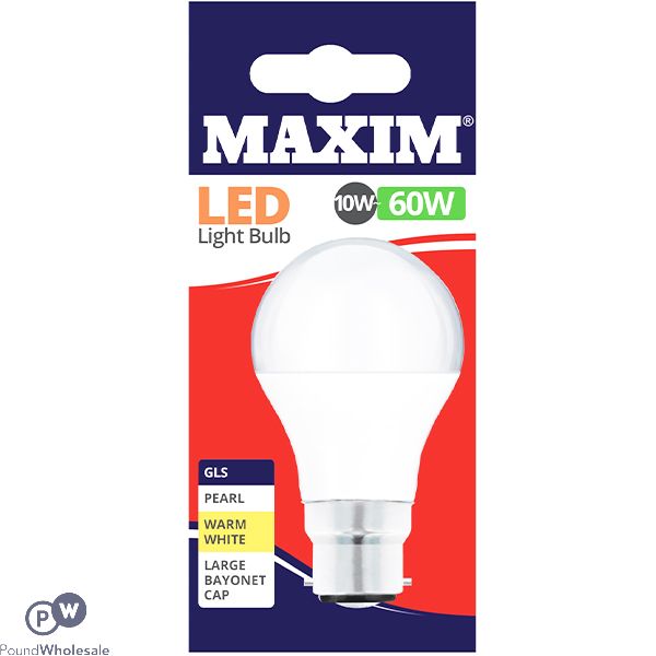 Maxim Led Light Bulb 10w=60w Gls Pearl Warm White Bayonet Cap