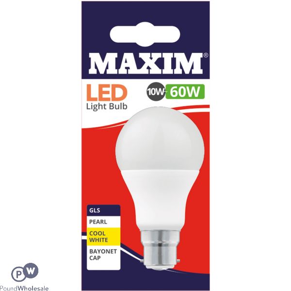 MAXIM LED LIGHT BULB 10W=60W GLS PEARL COOL WHITE BAYONET CAP