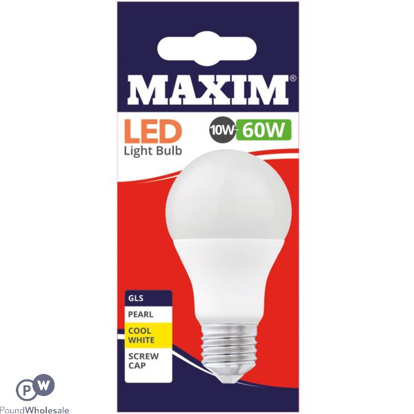 Maxim Led Light Bulb 10w=60w Gls Pearl Cool White Edison Screw